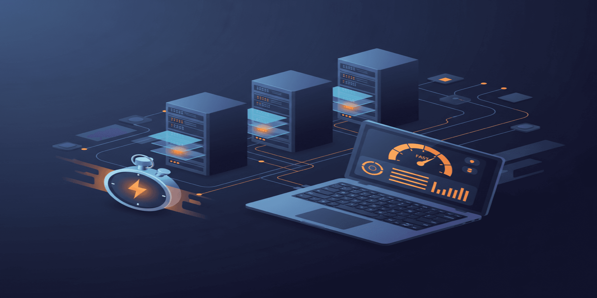 Isometric illustration of web servers, speedometer gauges, and optimization tools representing website performance