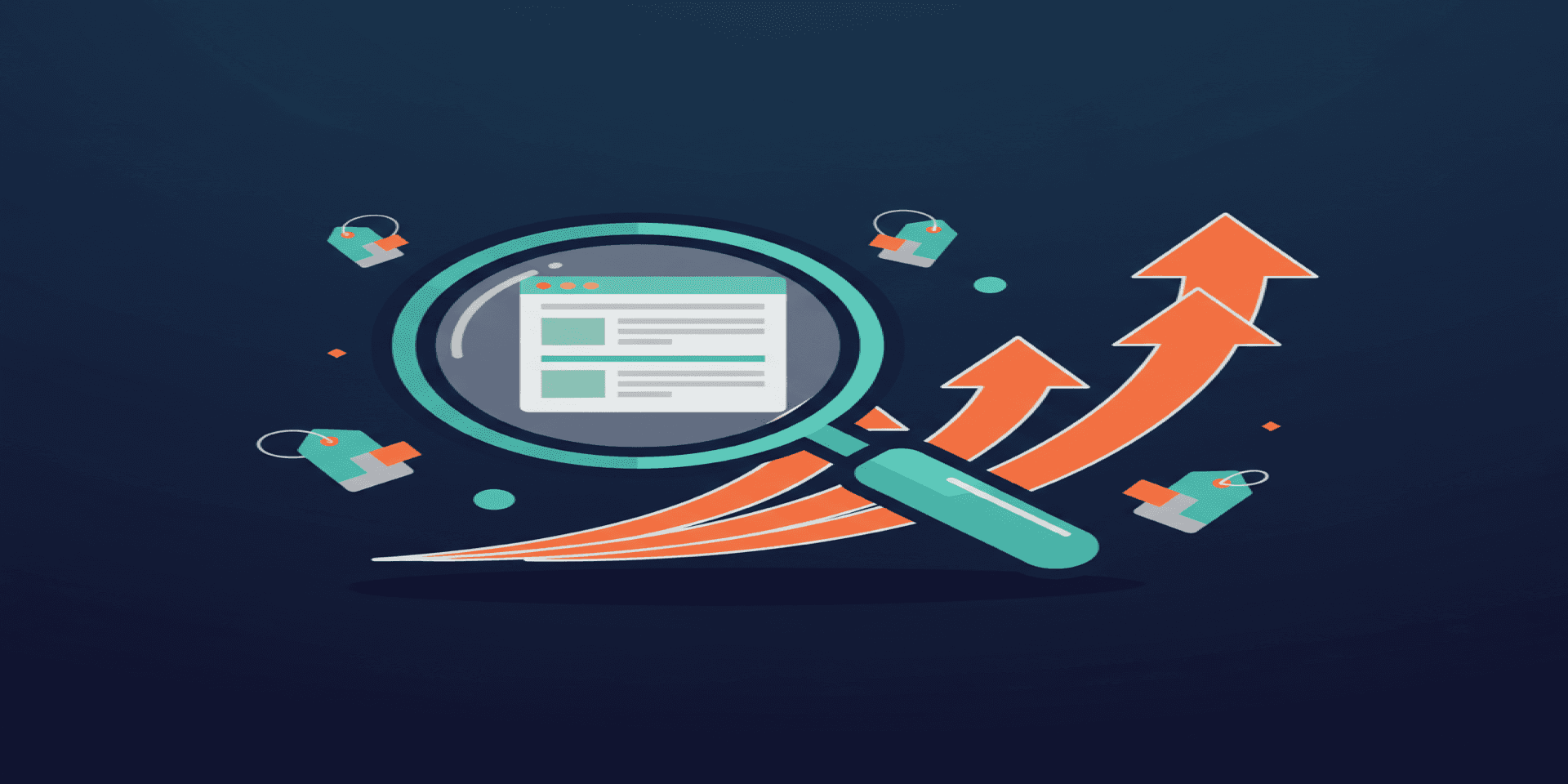 Abstract geometric illustration of SEO magnifying glass examining search results with ranking arrows