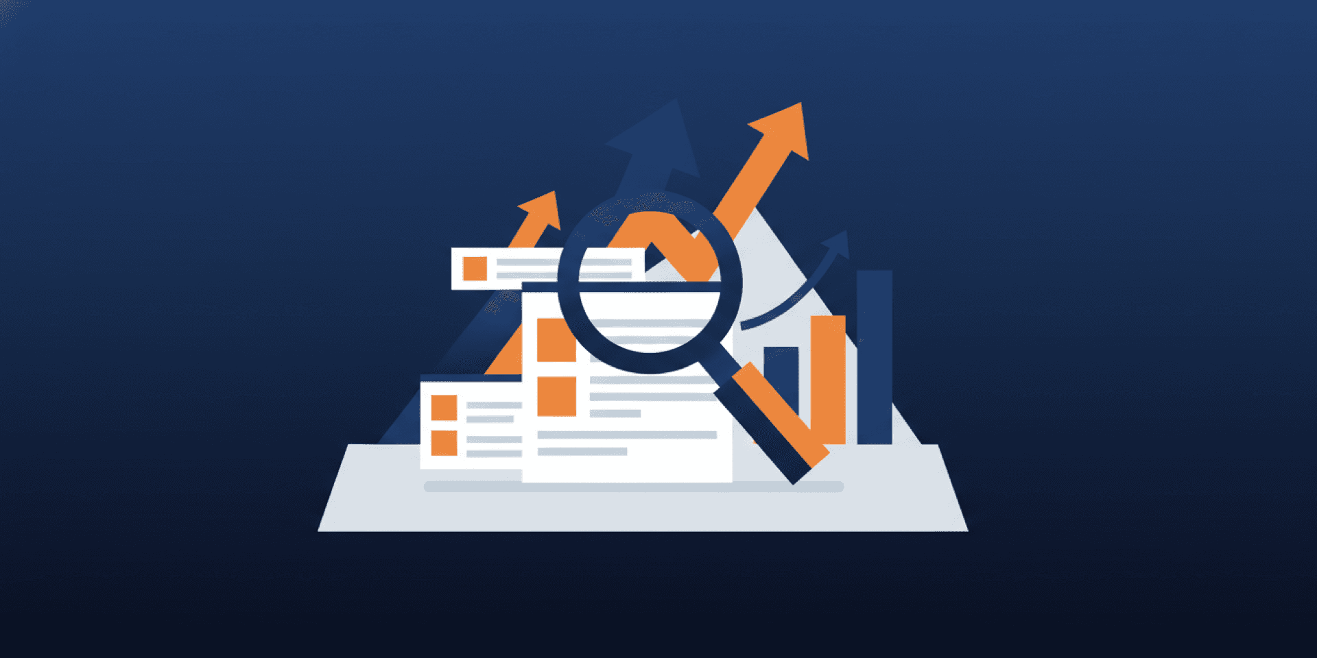 Abstract geometric illustration of SEO magnifying glass examining search results with ranking arrows