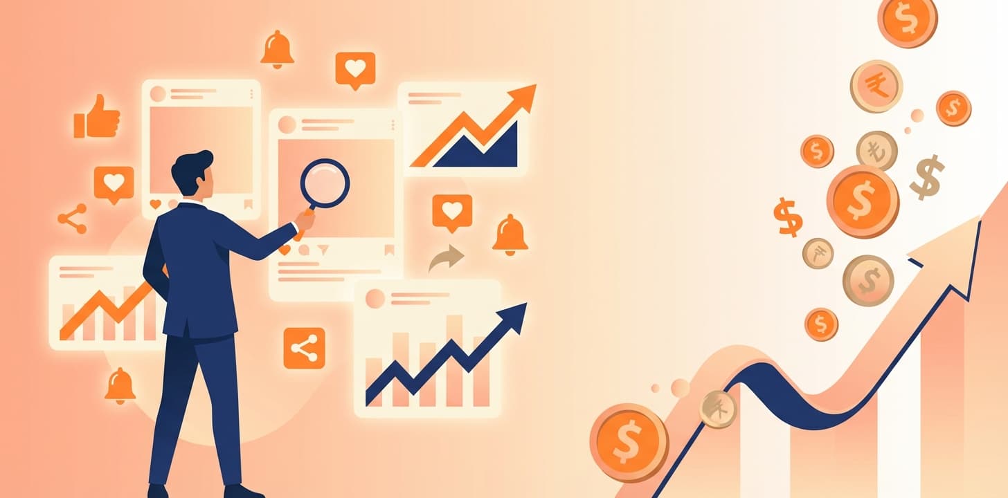 Flat illustration of a professional analyzing social media platforms with engagement icons, growth charts, and currency coins representing ROI