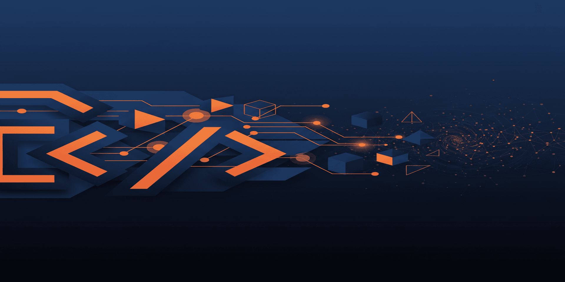 Abstract geometric illustration of neural network nodes and code brackets representing AI integration in web development