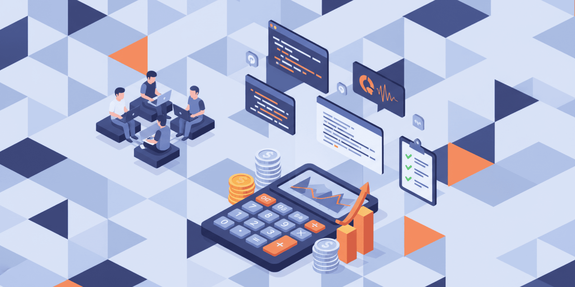 Isometric illustration of a calculator with coins and bar charts surrounded by developer laptops and code screens