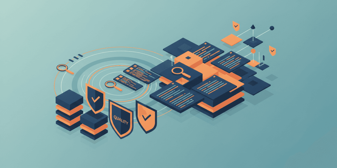 Abstract geometric illustration of layered quality assurance shields and code testing elements with magnifying glasses