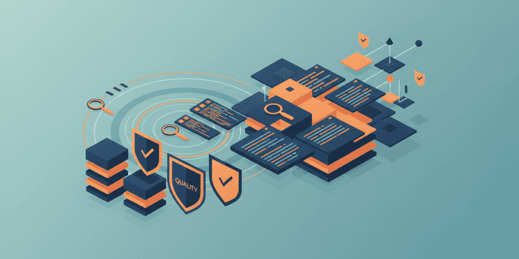 Abstract geometric illustration of layered quality assurance shields and code testing elements with magnifying glasses