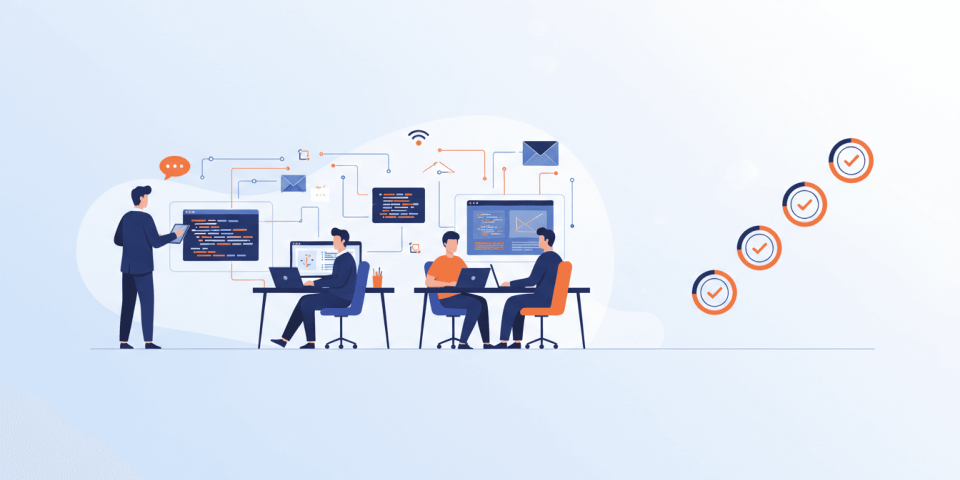 Illustrated scene of business professionals and developers collaborating at workstations with project milestone checkmarks