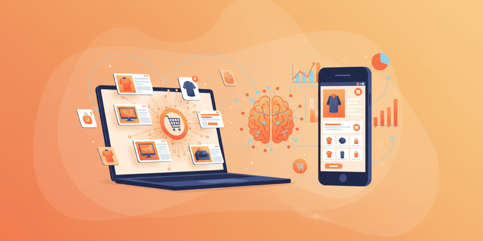 Gradient mesh illustration of laptop and smartphone displaying e-commerce interfaces with AI-powered product recommendations and analytics