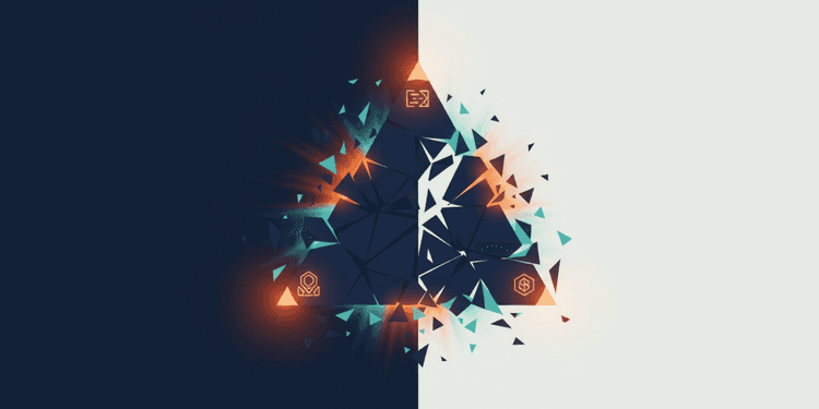 Abstract geometric illustration of the iron triangle of software development fragmenting as AI transforms the quality speed and cost equation