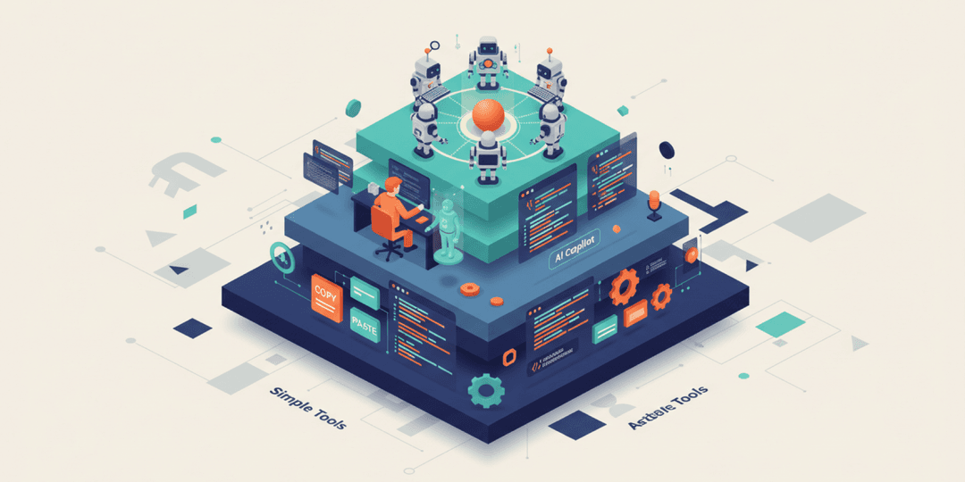 Isometric illustration showing three tiers of AI-powered development from basic chatbot tools to coordinated specialized AI workflows