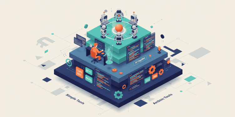 Isometric illustration showing three tiers of AI-powered development from basic chatbot tools to coordinated specialized AI workflows