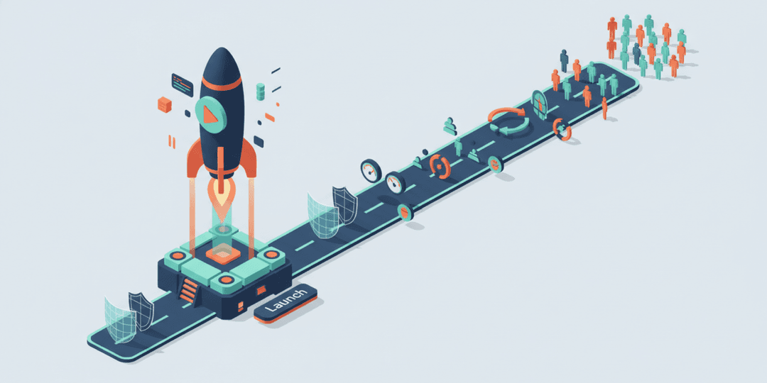 Isometric illustration of a software launch rocket with a long runway of ongoing maintenance activities extending beyond launch day