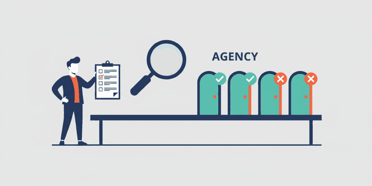 Business owner with checklist interviewing development agencies, some with green checkmarks and red X marks