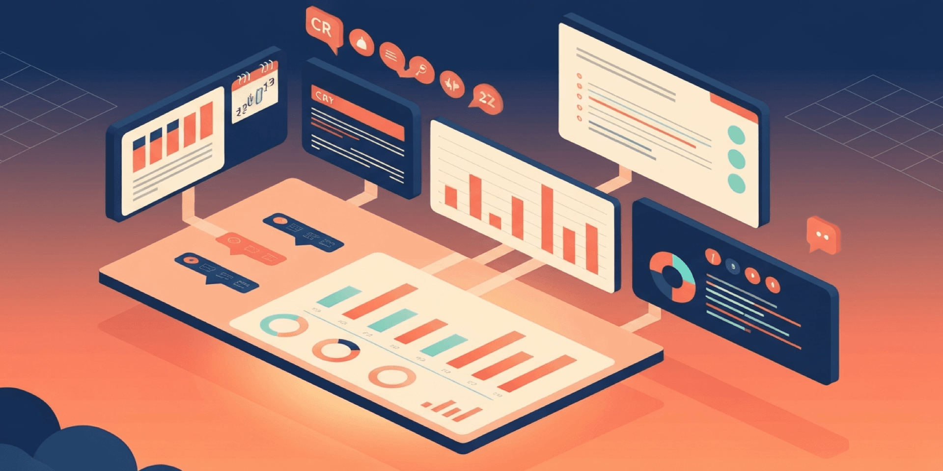 Isometric illustration of an executive dashboard aggregating data streams from CRM, calendar, and financial sources into a morning briefing