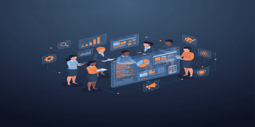 Illustrated scene of a professional team collaborating around holographic dashboard with analytics and digital strategy elements