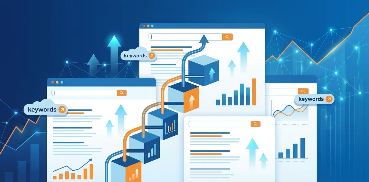 Isometric illustration of search engine optimization with keyword clouds, analytics charts, and ranking arrows