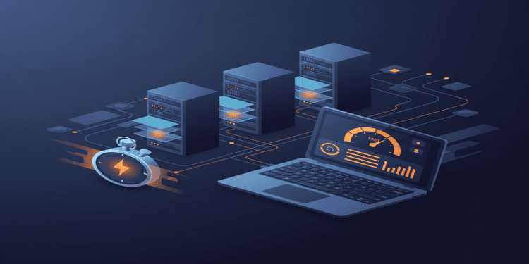 Isometric illustration of web servers, speedometer gauges, and optimization tools representing website performance