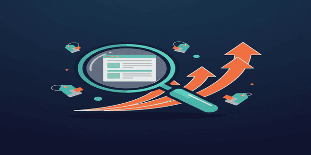 Abstract geometric illustration of SEO magnifying glass examining search results with ranking arrows