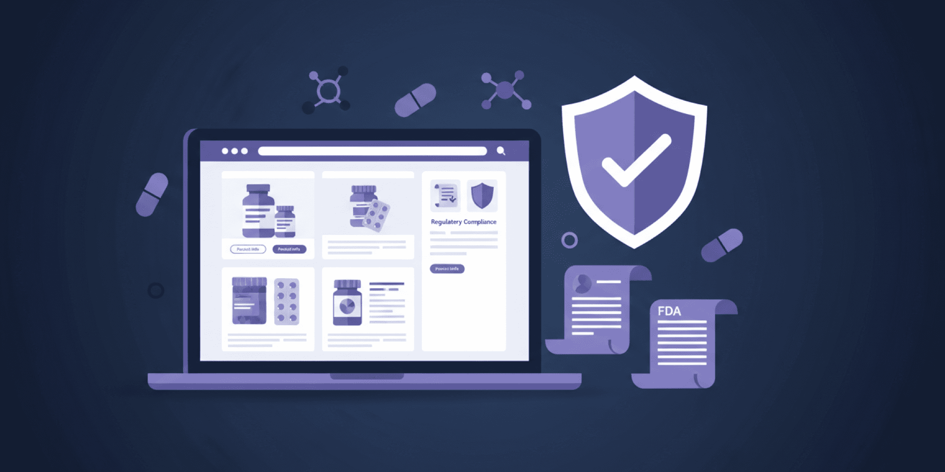 Flat design illustration of a laptop displaying a pharmaceutical website with compliance shield checkmark and FDA regulatory documents
