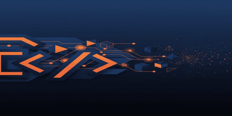 Abstract geometric illustration of neural network nodes and code brackets representing AI integration in web development
