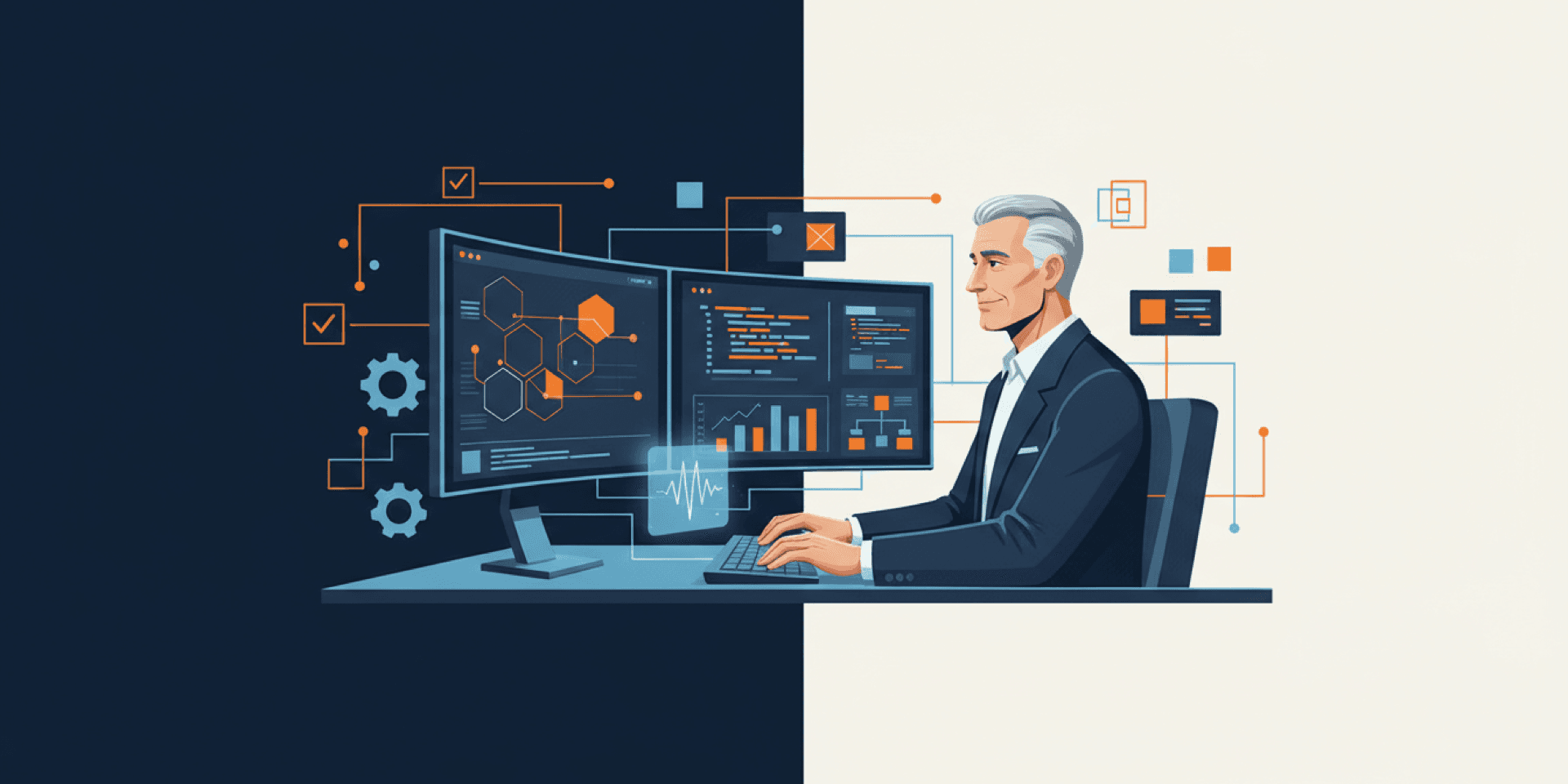 Illustrated scene of an experienced developer at a multi-monitor workstation reviewing code dashboards and AI tools