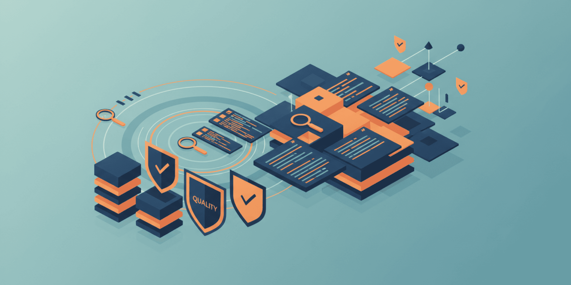 Abstract geometric illustration of layered quality assurance shields and code testing elements with magnifying glasses