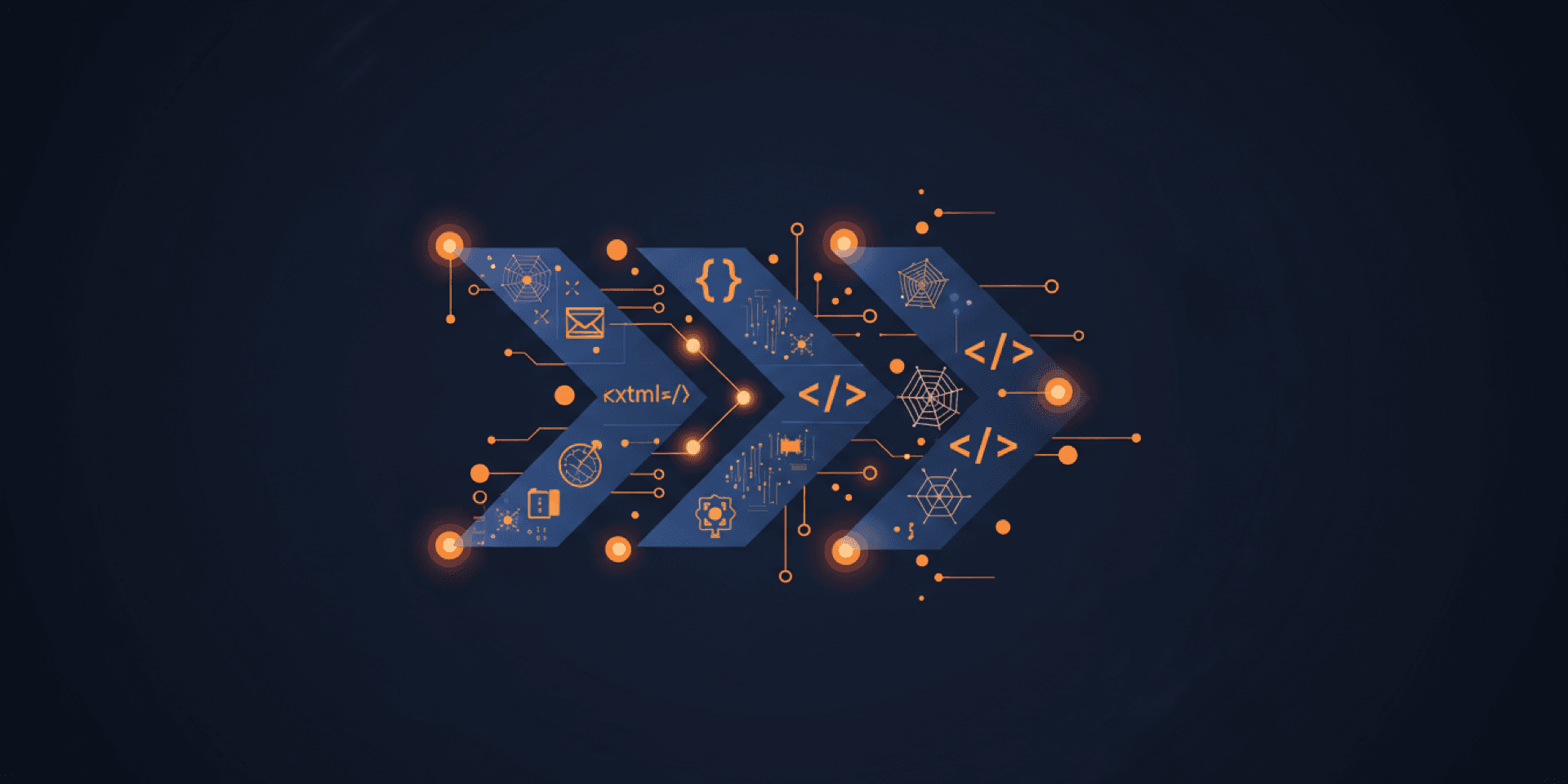 Abstract geometric illustration of code symbols and network nodes representing future AI web development