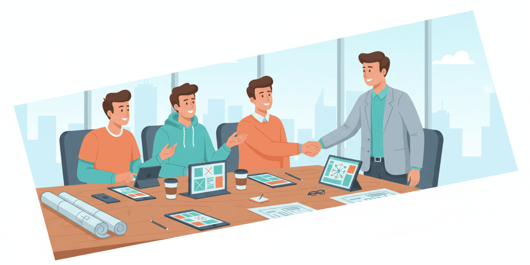 Scene illustration of professionals collaborating on mobile app development partnership