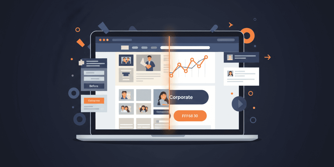 Flat illustration of a laptop showing website transformation, representing business website redesign