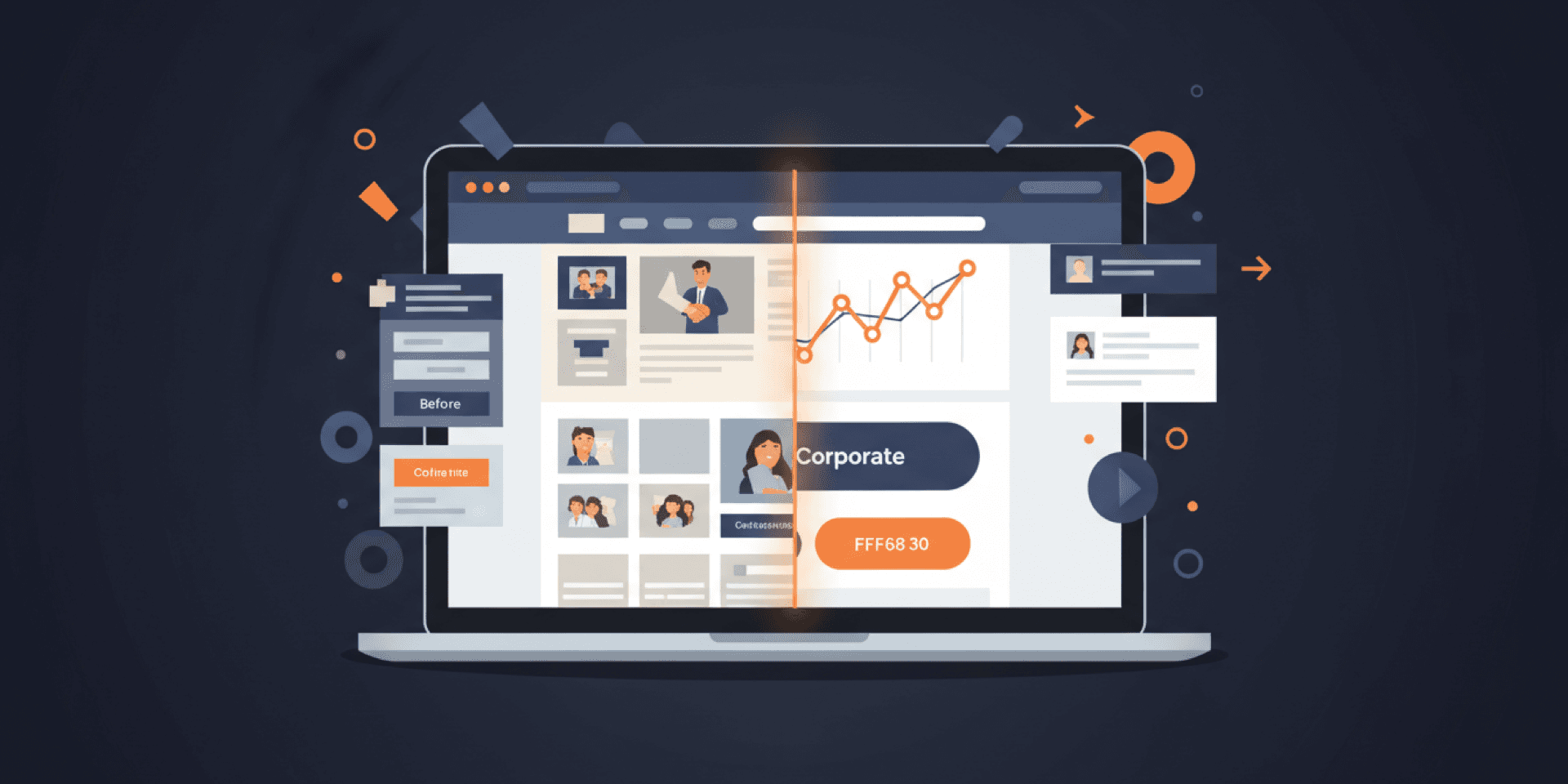 Flat illustration of a laptop showing website transformation, representing business website redesign