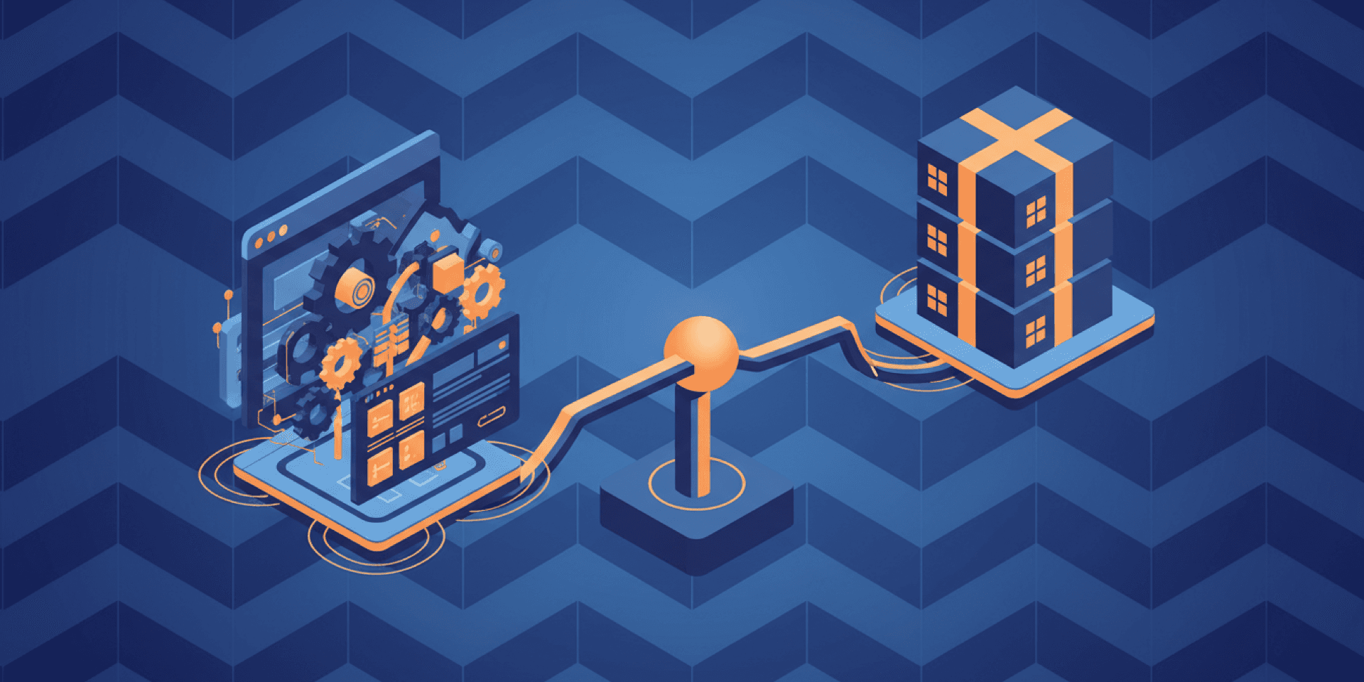 Isometric illustration comparing custom software and packaged solutions on a balance scale