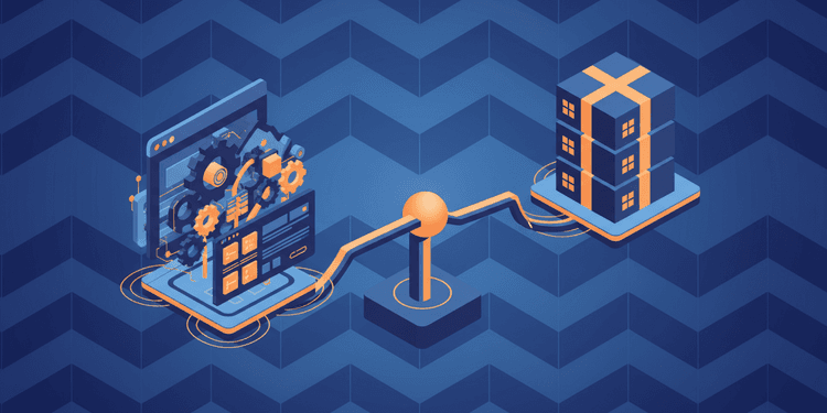 Isometric illustration comparing custom software and packaged solutions on a balance scale