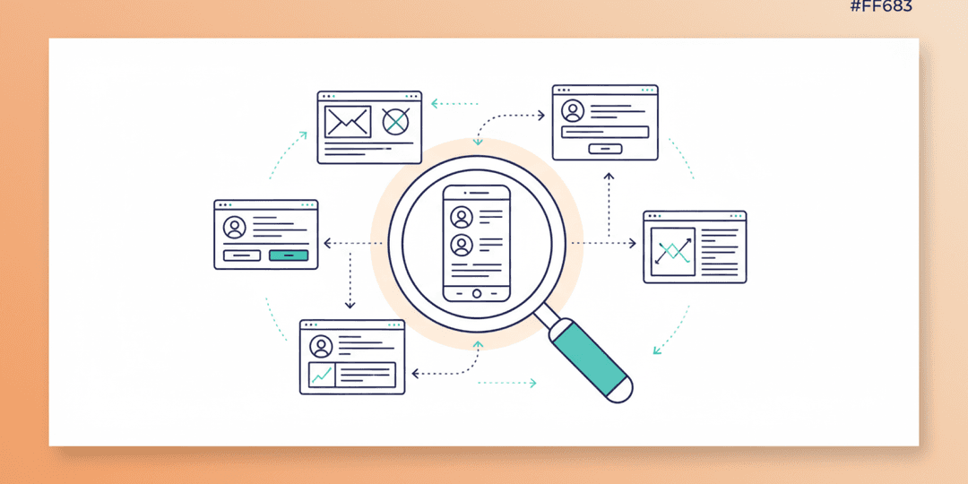 Line art illustration of wireframe sketches and magnifying glass, representing UX principles