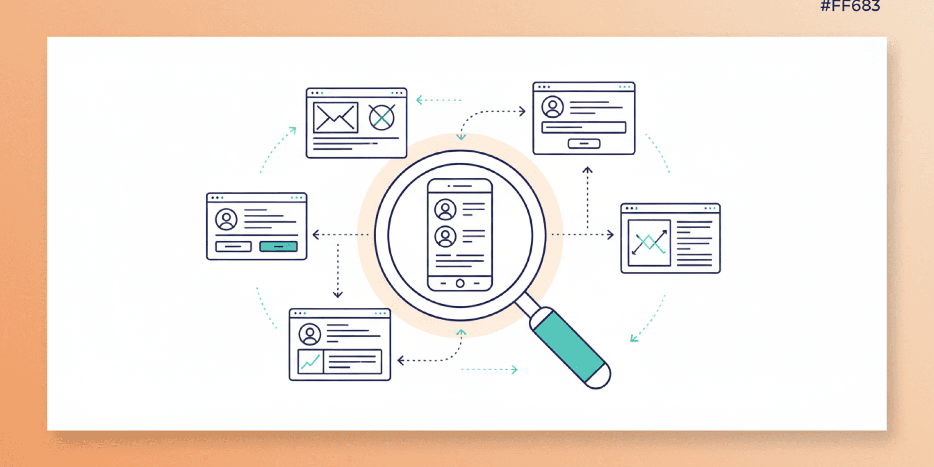 Line art illustration of wireframe sketches and magnifying glass, representing UX principles