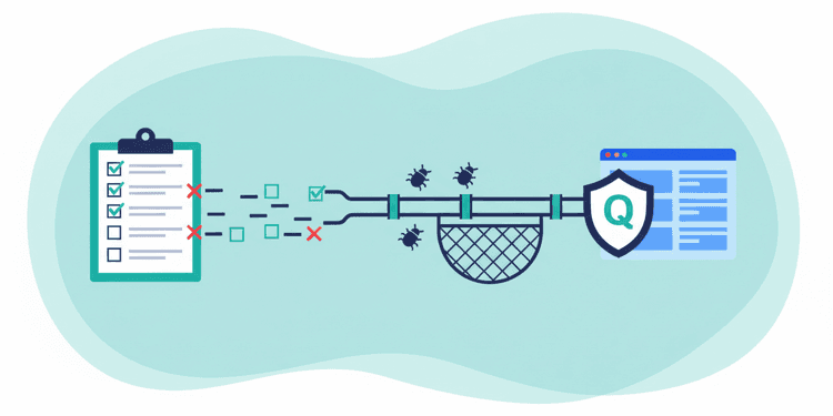 Flat illustration of QA testing pipeline with checklist and bug safety net
