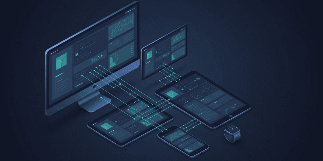 Isometric illustration of multiple devices showing responsive design adaptation