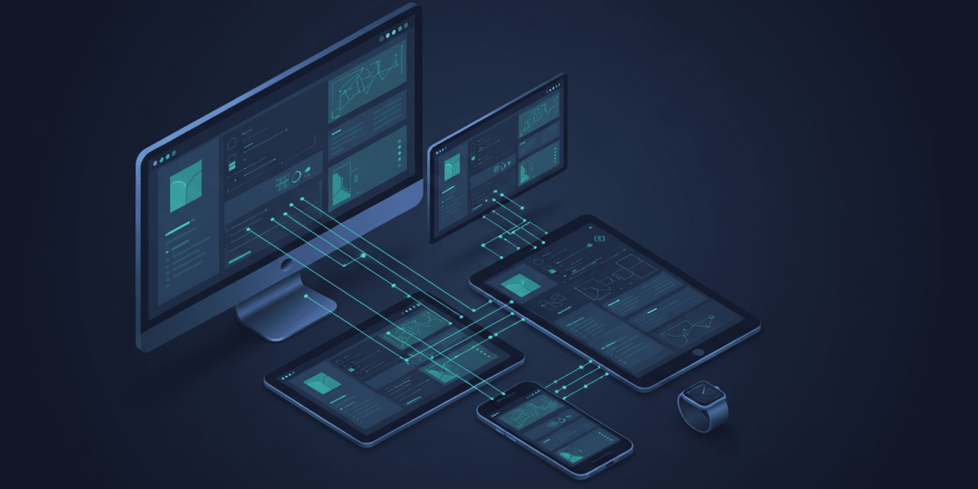 Isometric illustration of multiple devices showing responsive design adaptation