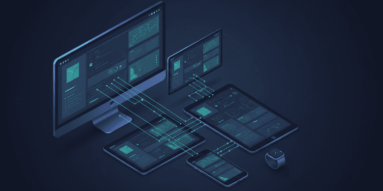 Isometric illustration of multiple devices showing responsive design adaptation