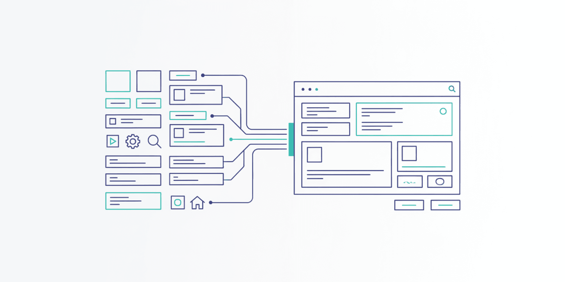 Line art illustration of UI components arranged in a design system grid