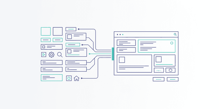 Line art illustration of UI components arranged in a design system grid