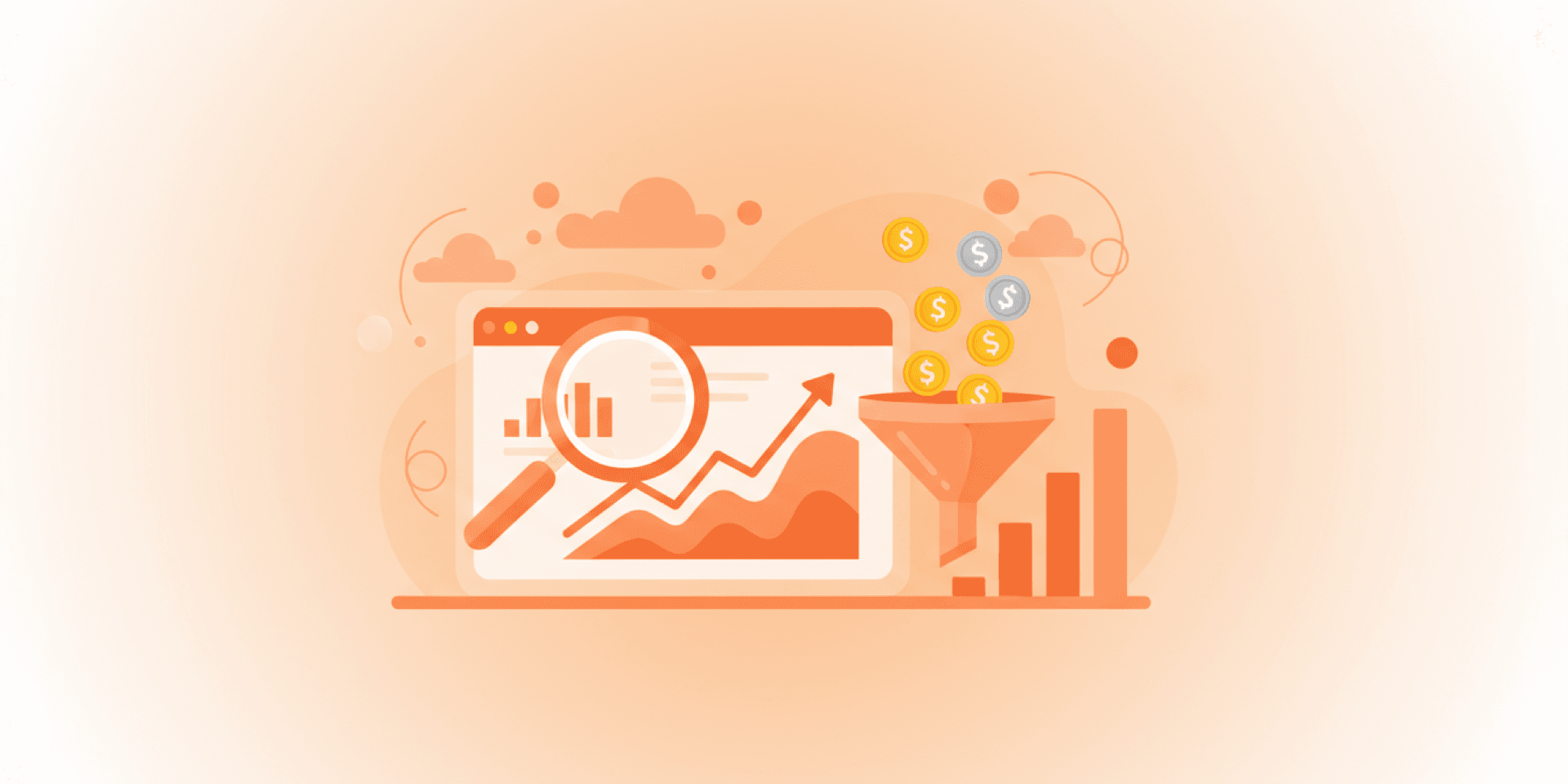 Scene illustration of advertising dashboard with ROI charts and analytics funnel