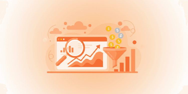 Scene illustration of advertising dashboard with ROI charts and analytics funnel
