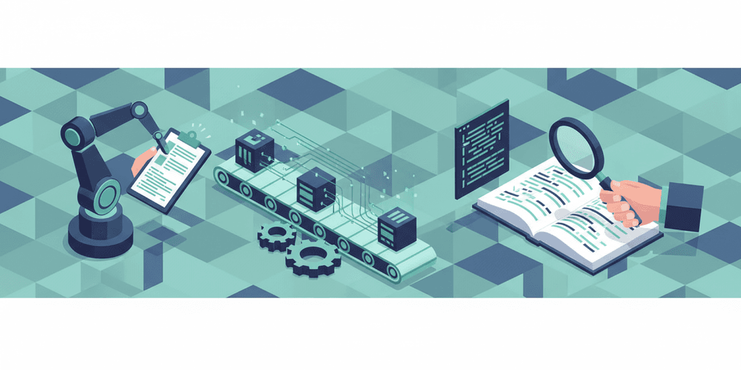 Isometric illustration comparing automated robot testing and manual human inspection