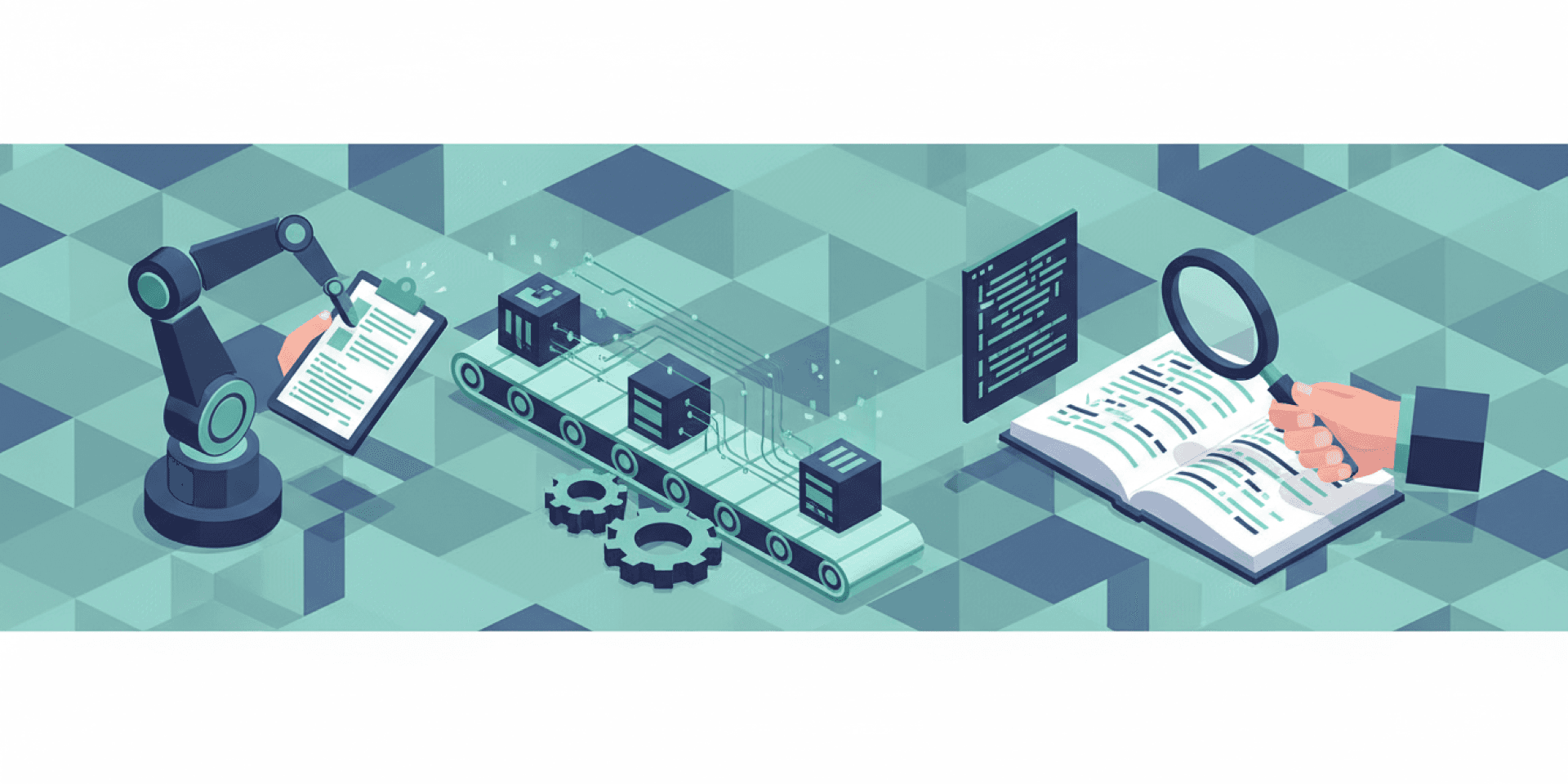 Isometric illustration comparing automated robot testing and manual human inspection