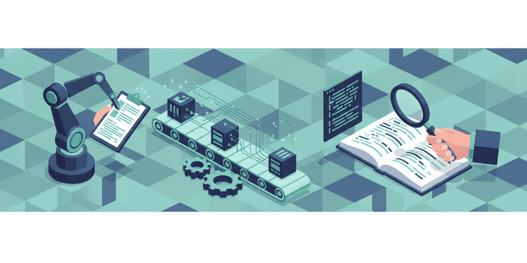 Isometric illustration comparing automated robot testing and manual human inspection