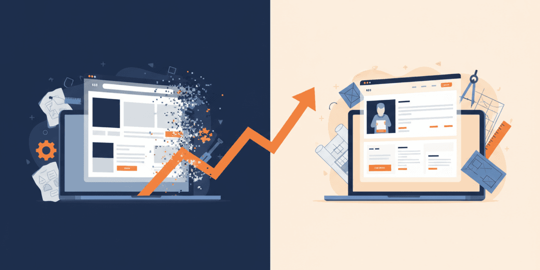 Scene illustration of website before-and-after redesign with conversion growth arrow
