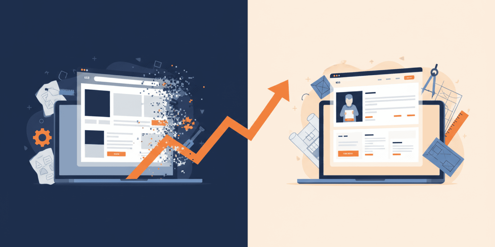 Scene illustration of website before-and-after redesign with conversion growth arrow