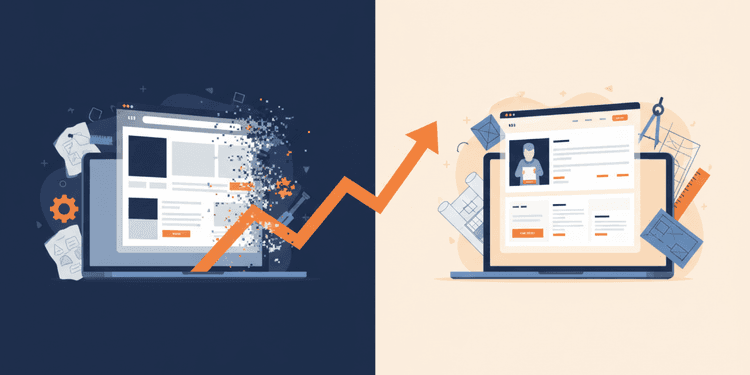 Scene illustration of website before-and-after redesign with conversion growth arrow