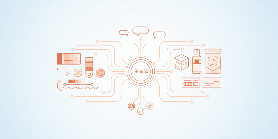 Line art illustration of brand elements radiating from a central logo, representing brand identity