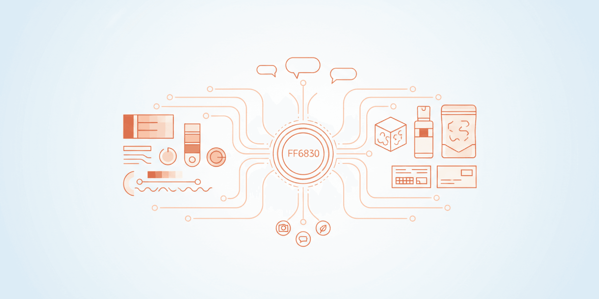 Line art illustration of brand elements radiating from a central logo, representing brand identity