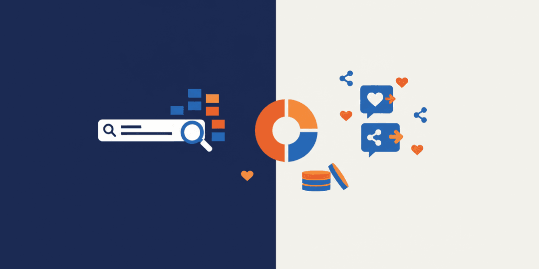 Flat illustration comparing search ads and social media ads with budget allocation