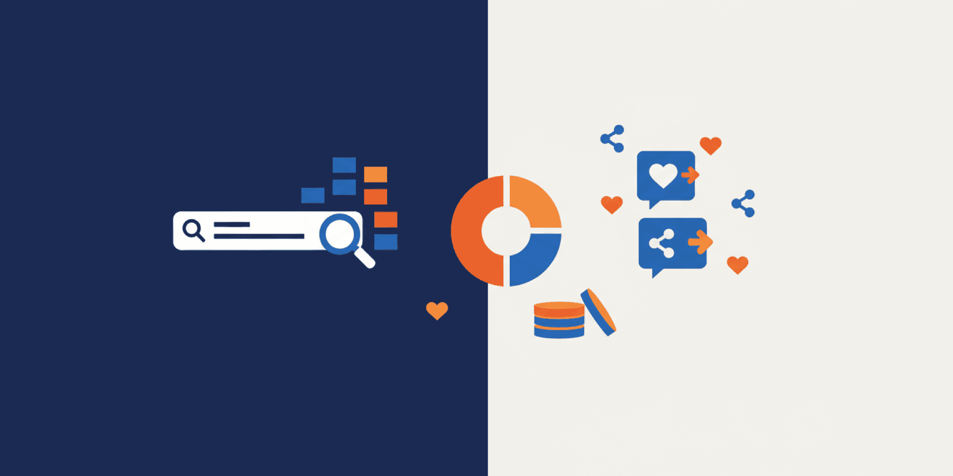 Flat illustration comparing search ads and social media ads with budget allocation